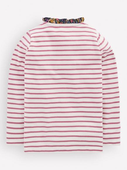 Mini Boden Kids' Long Sleeve Frill Neck Breton Top, Pink/Multi - view 2, Pink/Multi