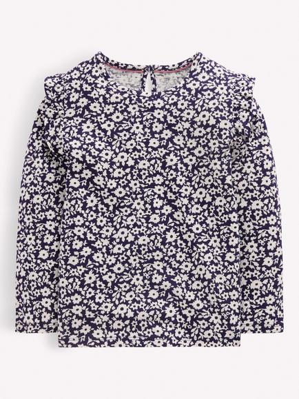 Mini Boden Kids' Frill Sleeve Top, Navy Floral, Navy Floral