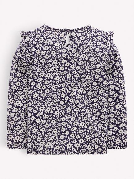 Mini Boden Kids' Frill Sleeve Top, Navy Floral - view 2, Navy Floral