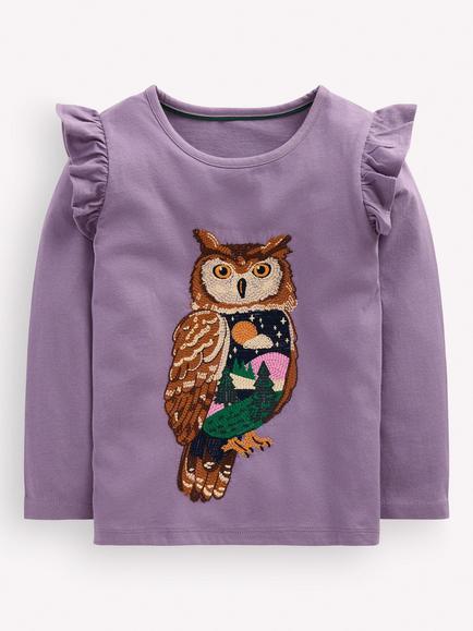 Mini Boden Kids' Long Sleeve Stitched Top, Nocturnal Purple Owl, Nocturnal Purple Owl