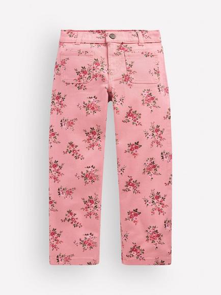 Mini Boden Kids' Patch Pocket Wide Leg Jeans, Pink Quartz Floral, Pink Quartz Floral