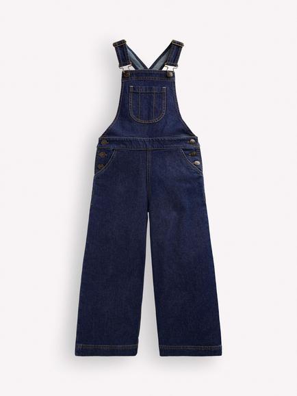 Mini Boden Kids' Relaxed Wide Leg Denim Dungarees, Dark Wash Blue, Dark Wash Blue