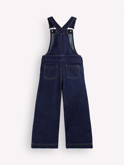 Mini Boden Kids' Relaxed Wide Leg Denim Dungarees, Dark Wash Blue - view 2, Dark Wash Blue