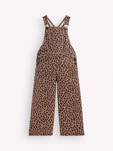 Mini Boden Kids' Relaxed Wide Leg Dungarees, Brown Leopard, Brown Leopard