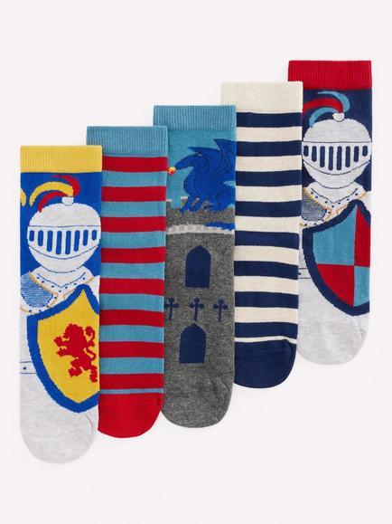 Mini Boden Kids' Ankle Socks, Pack of 5, Medieval Knights, Medieval Knights