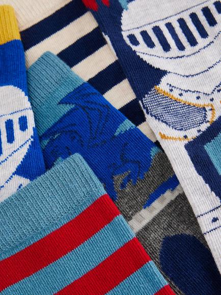 Mini Boden Kids' Ankle Socks, Pack of 5, Medieval Knights - view 2, Medieval Knights