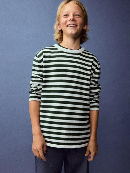 Mango Kids' Striped Cotton Jumper, Moss, Moss