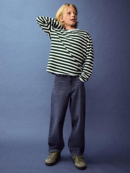 Mango Kids' Striped Cotton Jumper, Moss - view 2, Moss