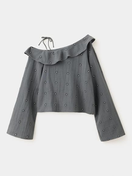 Mango Kids' Asymmetric Ruffle Embroidered Blouse, Grey, Grey