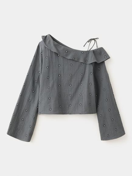 Mango Kids' Asymmetric Ruffle Embroidered Blouse, Grey - view 2, Grey