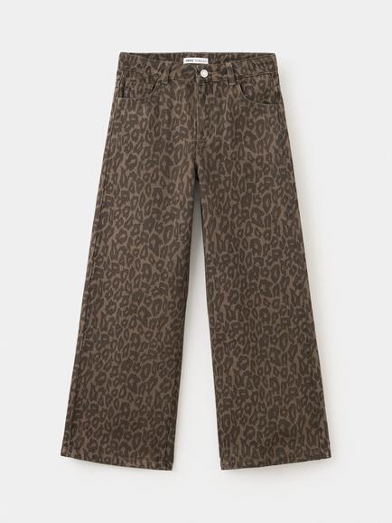 Mango Kids' Tejano Leopard Print Wide Leg Jeans, Brown, Brown