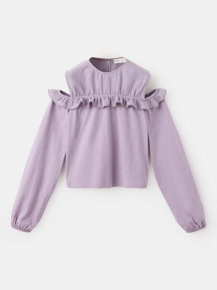 Mango Kids' Long Sleeve Ruffle Yoke Blouse, Lilac, Lilac