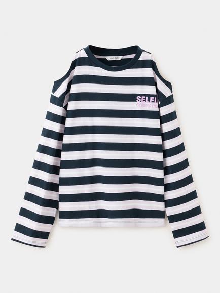 Mango Kids' Camiseta Long Sleeve Cut-Out Stripe T-Shirt, Navy, Navy