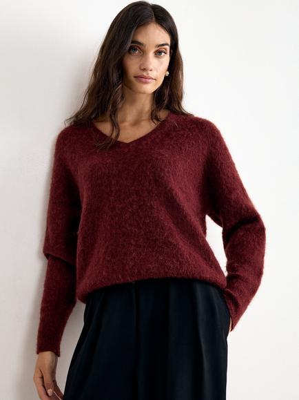 Phase Eight Pamela Mohair Wool Textured V-Neck Jumper, Dark Red, Dark Red