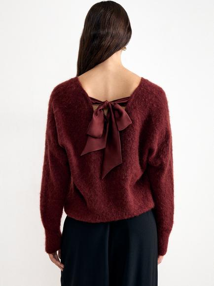 Phase Eight Pamela Mohair Wool Textured V-Neck Jumper, Dark Red - view 2, Dark Red