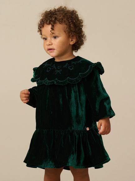 Angel & Rocket Kids' Dotty Scalloped Frill Embroidered Collar Velvet Dress, Green, Green