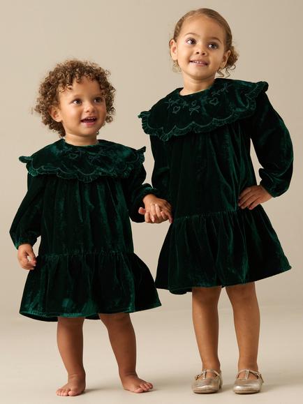 Angel & Rocket Kids' Dotty Scalloped Frill Embroidered Collar Velvet Dress, Green - view 2, Green