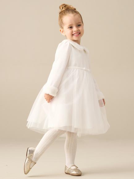 Angel & Rocket Kids' Gabrielle Faux Fur Collar Mesh Dress, Ivory - view 2, Ivory