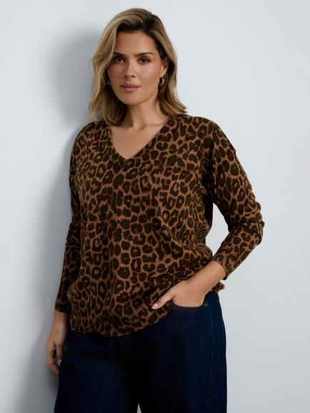 Live Unlimited Curve Leopard Print Cotton Rich Jumper, Brown, Brown