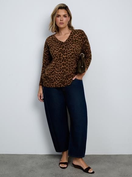 Live Unlimited Curve Leopard Print Cotton Rich Jumper, Brown - view 2, Brown