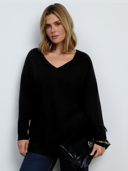 Live Unlimited Curve V-Neck Cotton Regular Fit Long Sleeve T-Shirt, Black, Black