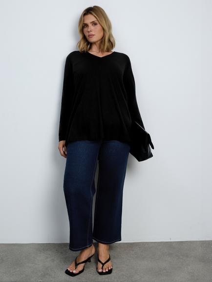 Live Unlimited Curve V-Neck Cotton Regular Fit Long Sleeve T-Shirt, Black - view 2, Black