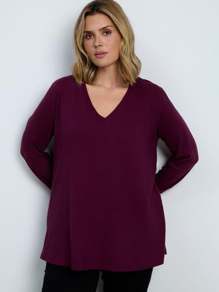 Live Unlimited Curve Cotton Regular Fit Long Sleeve V-Neck T-Shirt, Red, Red