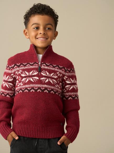 Angel & Rocket Kids' Oakley Zip Funnel Neck Fair Isle Jumper, Burgundy, Burgundy