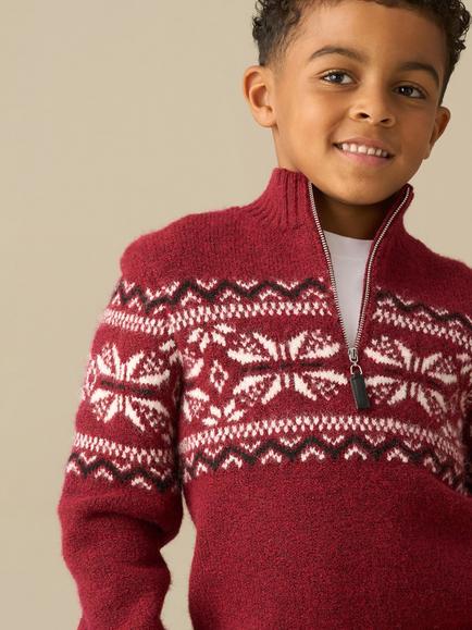 Angel & Rocket Kids' Oakley Zip Funnel Neck Fair Isle Jumper, Burgundy - view 2, Burgundy
