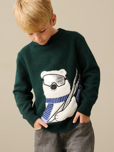 Angel & Rocket Kids' Erik Crew Neck Polar Bear Jumper, Green/Multi, Green/Multi