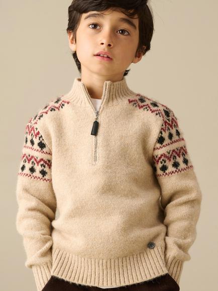 Angel & Rocket Kids' Oakley Zip Neck Fair Isle Jumper, Stone, Stone