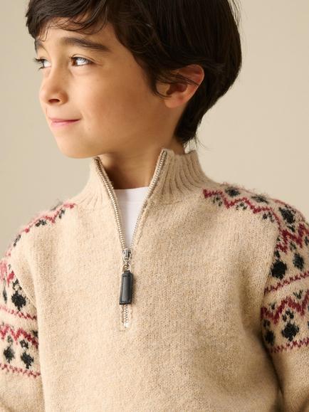 Angel & Rocket Kids' Oakley Zip Neck Fair Isle Jumper, Stone - view 2, Stone