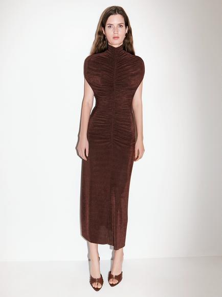 Anna October Fitted Knit High Neck Cap Sleeve Midi Dress, Brown, Brown