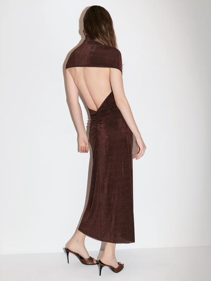 Anna October Fitted Knit High Neck Cap Sleeve Midi Dress, Brown - view 2, Brown