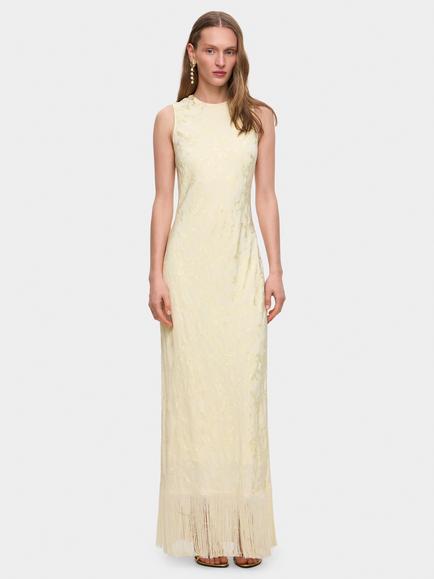 Anna October Fringe Hem Floral Jacquard Sleeveless Column Maxi Dress, Buttermilk, Buttermilk