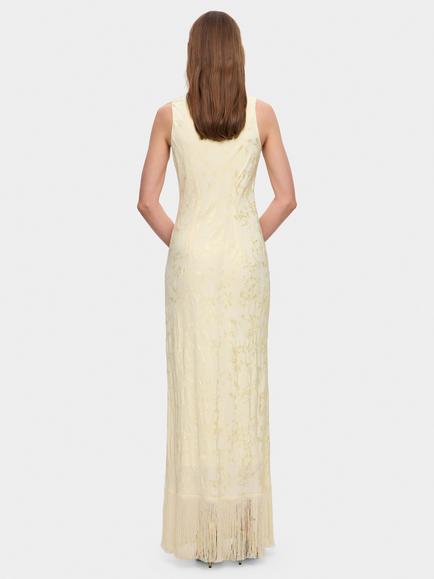 Anna October Fringe Hem Floral Jacquard Sleeveless Column Maxi Dress, Buttermilk - view 2, Buttermilk