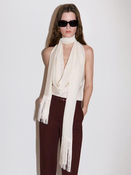 Anna October Scarf Detail Cowl Neck Sleeveless Halter Top, White, White