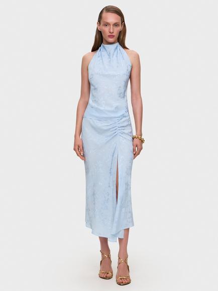 Anna October Asymmetric Draped Floral Jacquard A-Line Midi Skirt, Blue, Blue