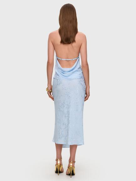 Anna October Asymmetric Draped Floral Jacquard A-Line Midi Skirt, Blue - view 2, Blue