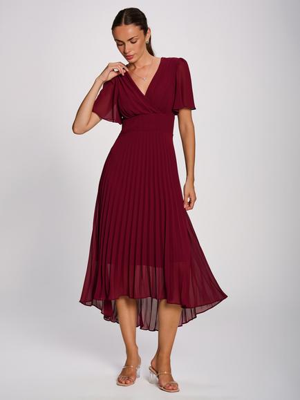 Jolie Moi Pleated Midi Chiffon Dress, Burgundy