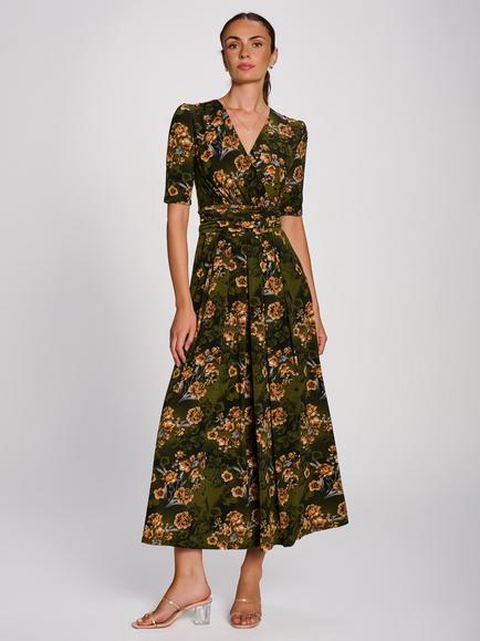 Jolie Moi Floral Pleated Maxi Jersey Dress, Green/Multi