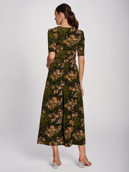 Jolie Moi Floral Pleated Maxi Jersey Dress - view 2, Green/Multi