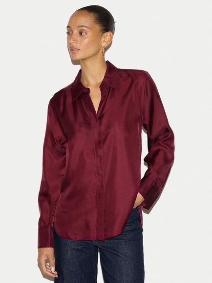 Jigsaw Pure Silk Relaxed Long Sleeve Shirt, Burgundy, Burgundy