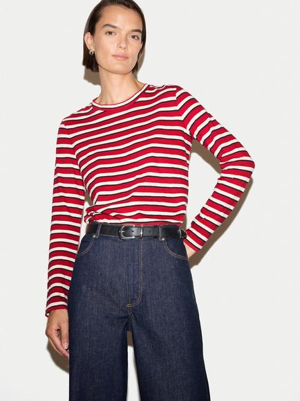 Jigsaw Cotton Stripe Round Neck T-Shirt, Red/Multi, Red/Multi