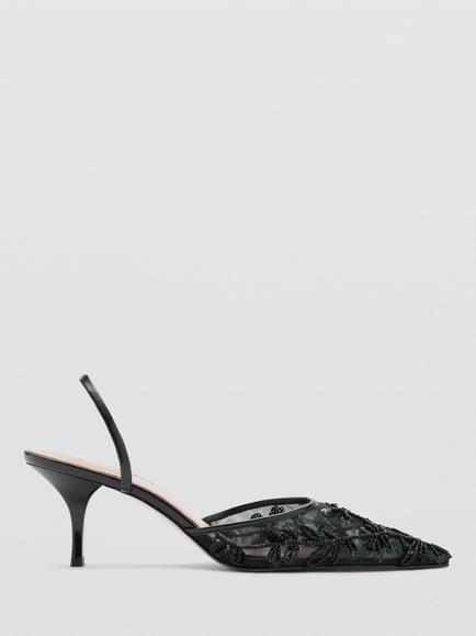 Mango Embroidered Kitten Heel Slingback Sandals, Black, Black