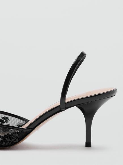 Mango Embroidered Kitten Heel Slingback Sandals, Black - view 2, Black