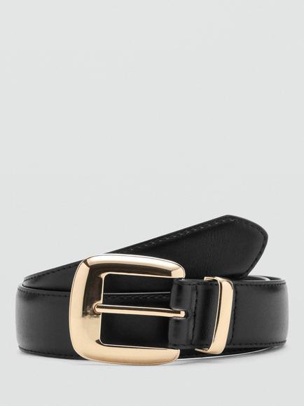 Mango Sculpted Waist Statement Buckle Belt, Black