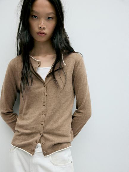 Mango Button-Front Knit Cardigan, Taupe