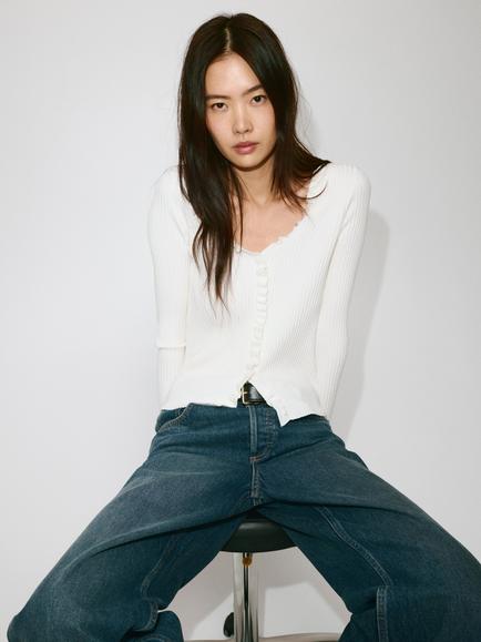Mango Fine-Rib V-Neck Ruffle Trim Cardigan, Raw, Raw