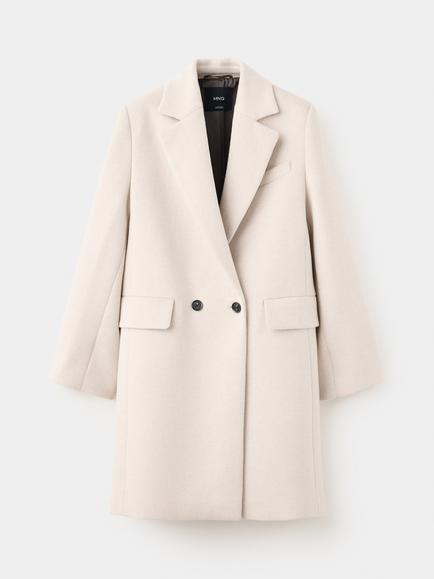 Mango Double-Breasted Wool Blend Tailored Overcoat, Stone, Stone